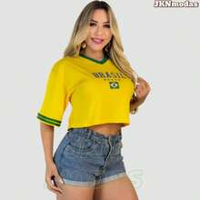 Women's Oversized Cropped Top With Brazil Print, 100% Cotton, Prime Fabric, World Cup 2026, Blouse, T-Shirt, International Fashion. - 黃色 - 查看 3