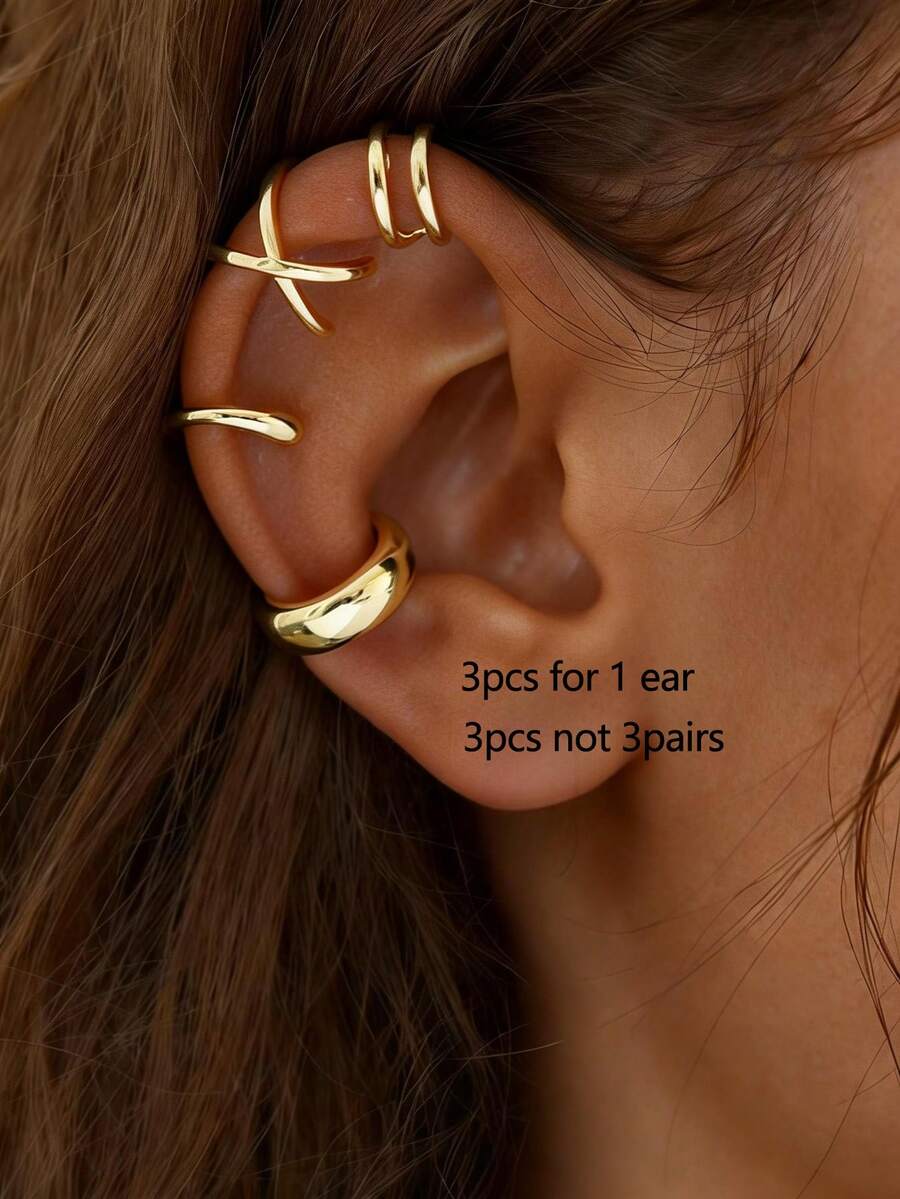 4pcs Minimalist Non-Pierced Cartilage Ear Clips, Suitable For Women's Daily Wear, Dates, Parties, Copper Jewelry - Yellow Gold - View 1