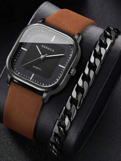 2pcs Simple Casual Men's Quartz Watches, Men's Vintage Style Leather Quartz Watch Set, Includes Brown Quartz Watch With Bar Index Dial And Cuban Bracelet. Featuring A Vintage Color Scheme And A Sturdy Square Case As The Core, The Watch Uses Minimalist Indices And A Matte Leather Strap That Is Skin-Friendly And Wear-Resistant