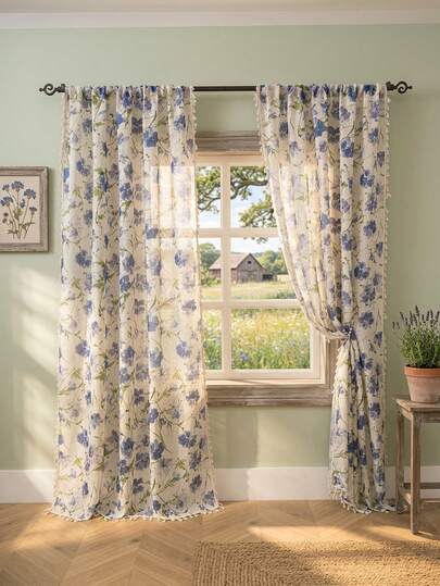 1pc Minimalist Printed Tassel Curtain, Home Decor