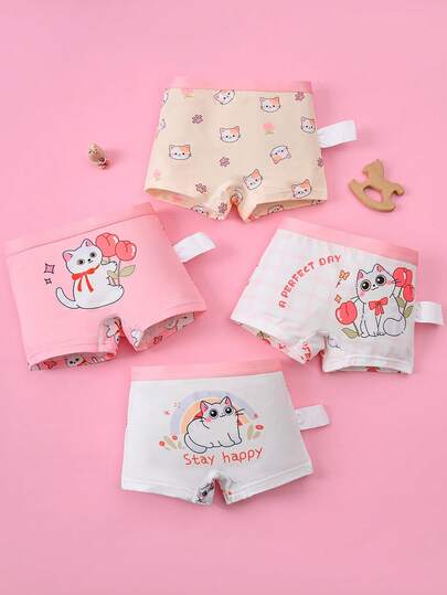4 piezas/paquete Bragas cómodas con contraste de color, diseño de lazo y gatito lindo para niña pequeña/joven