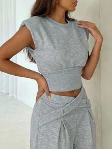 Camiseta casual de mujer de unicolor, con hombros acolchados, cuello redondo, manga corta, bajo acanalado, estilo callejero básico clásico (YY1191) para verano - Gris - Ver 5