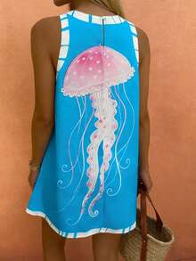 Women's Casual Vacation Style Jellyfish Print Sleeveless Slip Dress, Spring/Summer Elegant - Multicolor - View 7