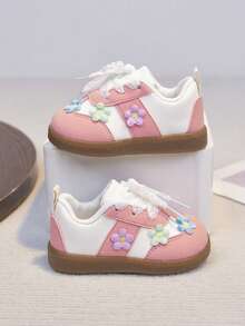 1 đôi giày trẻ em, đế mềm, họa tiết hoa, có khóa dán, thích hợp cho mùa xuân/thu. - Hồng - Xem 9