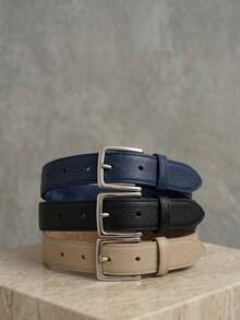 Women's Set Of Belts With Metallic Roller Buckle In Minimalist Faux Leather - Black/Beige/Blue - View 7
