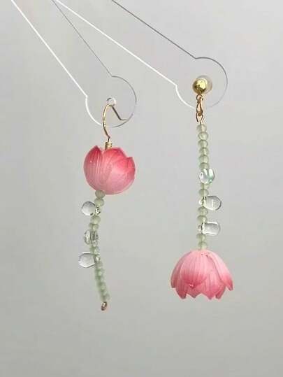 1 Pair Pink Lotus Water Drop Earrings, Like Morning Dew On Pink Lotus, Suitable For Daily Wear, Elegant Lady's Exclusive Earrings