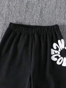 Casual Versatile Street Hip-Hop Style Foaming Letter Graphic Print Soft Comfortable Pants For Tween BoySpring/Summer/Autumn - Black - View 3
