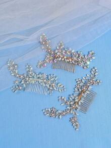 1 pieza Peineta de novia elegante de aleación púrpura adornada con rhinestones y perlas, ideal para bodas, banquetes, fiestas y uso diario, tiaras reales, peinetas, tocados - Multicolor - Ver 2