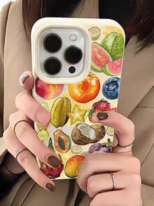 1pc Fashionable Colorful Fruit Patchwork Graphic Design Milky White Liquid Soft Phone Case, Compatible With IPhone 16/16Pro/16Plus/15/15ProMax/15Pro/11/12/13/14ProMax/11Pro/11ProMax/12Pro/12ProMax/13Pro/13ProMax/14Pro/14ProMax, Creative Elegant - Multicolor - View 2