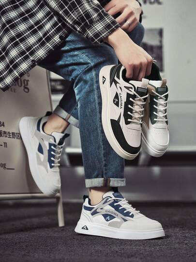 1 Pair Men's Fashionable Casual Sports Shoes, Soft Sole Leather Upper Lace-Up Sneakers, Suitable For Teenagers, Casual Daily And Outdoor Wear, All Season