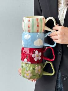 1pc Minimalist Handpainted Heart Ceramic Mug, Korean Ins Style Asymmetrical Handpainted Heart Ceramic Mug With Multicolor Heart, Cloud And Flower Patterns, Ideal For Afternoon Tea, Milk, Latte And Coffee - Multicolor - View 10