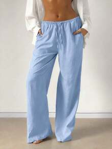 Pantalones anchos de lino sueltos, cómodos y versátiles para mujer, ideales para primavera - Azul - Ver 3
