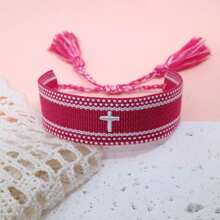 1 pieza Pulsera tejida creativa con bordado de cruz - Rosa Fucsia - View 4