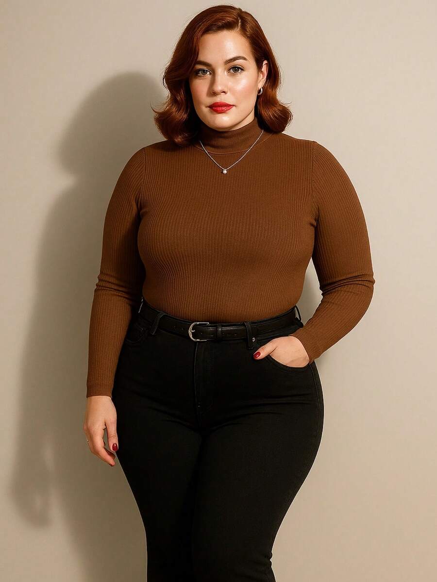 Cacharrel Women's Ribbed Turtleneck Long Sleeve Warm Winter Blouse - Rỉ Nâu - Xem 1