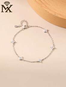 SYMFNY 1pc Sweet & Gentle 925 Sterling Silver Four-Leaf Clover Zirconia Bracelet, Exquisitely Inlaid Zirconia Sparkling And Eye-Catching, Ideal Gift For Valentine's Day, Birthday, Anniversary - Silver - View 3