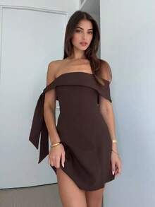 European And American Fashion Casual Elegant Off Shoulder High Waist Sexy Design Brown Dress, Party/Dating Outfit, Summer Dress For Women - Brown - View 4