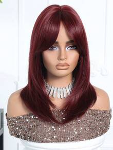 18英寸分层刘海酒红色假发，适合女性 - 柔软易造型的酒红色合成假发，完美适用于日常佩戴、工作、圣诞节和节日角色扮演，适合日常派对、女孩和女性日常佩戴，打造自然性感、浪漫优雅、简约休闲的万圣节圣诞节角色扮演造型，耐热假发 - 酒紅色 - 查看 4