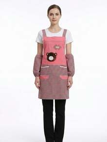 1pc Japanese Cotton Linen Kitchen Apron, Anti-Oil Adult Cooking Smock, Cafe Uniform, Artistic Apron - Bear-shaped Apron With Sleeves - Green - View 7