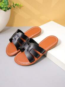 1 Pair Girls' Brown Retro Woven Slide Sandals For Casual Summer Wear - Black - View 4