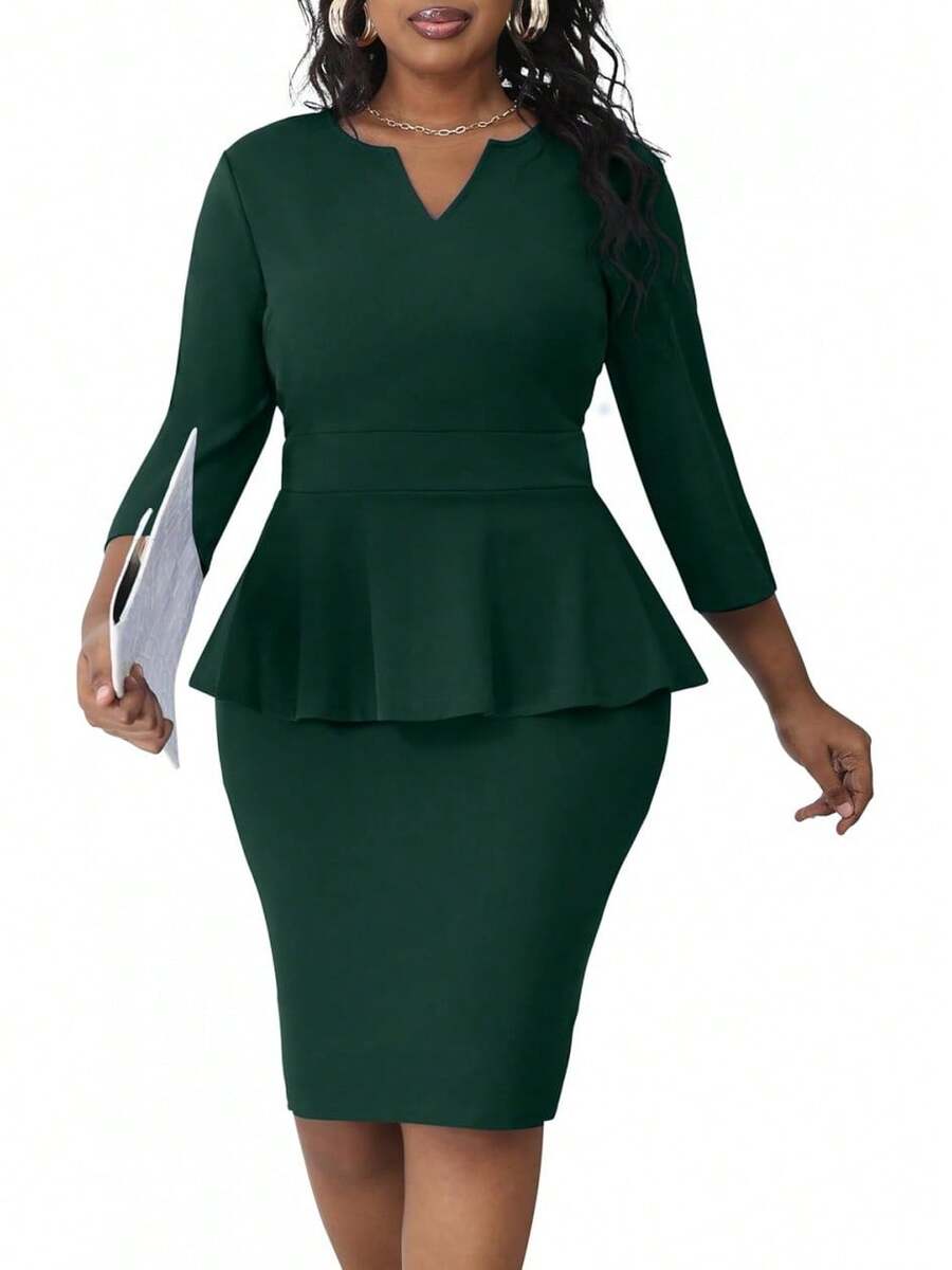 Plus Size Vintage Peplum Pencil Dress For Work Or Church - 綠色 - 查看 1