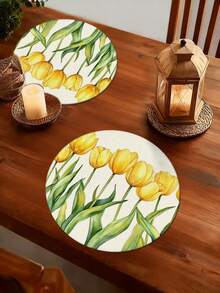 4pcs/6pcs Yellow Tulip Pattern Round Placemats, Home Decor, Modern Style, Faux Linen Material, Spring/Summer Home Decor, Indoor/Outdoor Party Supplies, Retro Theme Decoration, Room Decor. Suitable For Daily Home Kitchen Decor And Everyday Event Party Decoration - Multicolor - View 5