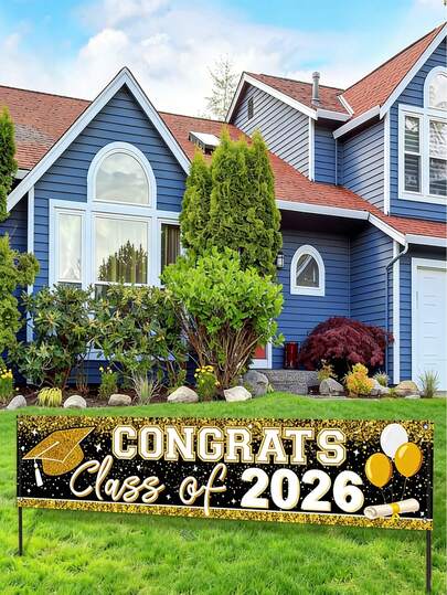 1pc Large Congrats Grad Banner Gold Class Of 2026 Banner Backdrop Graduation 2026 Yard Sign For Graduation Party Supplies Graduation Decorations 2026 (Gold)