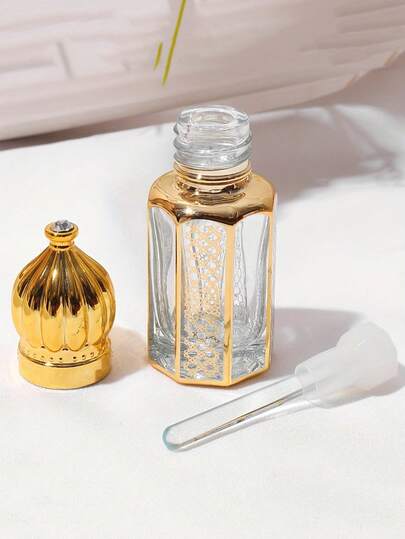 5 piezas Juego de botellas de cristal octagonal dorado de lujo de 6ml, botellas vacías rellenables a prueba de fugas para perfumes, aceites esenciales y cosméticos, con tapas herméticas, accesorios de viaje para muestras de perfumes y fragancias, uso diario de cosmética y cuidado de la piel DIY