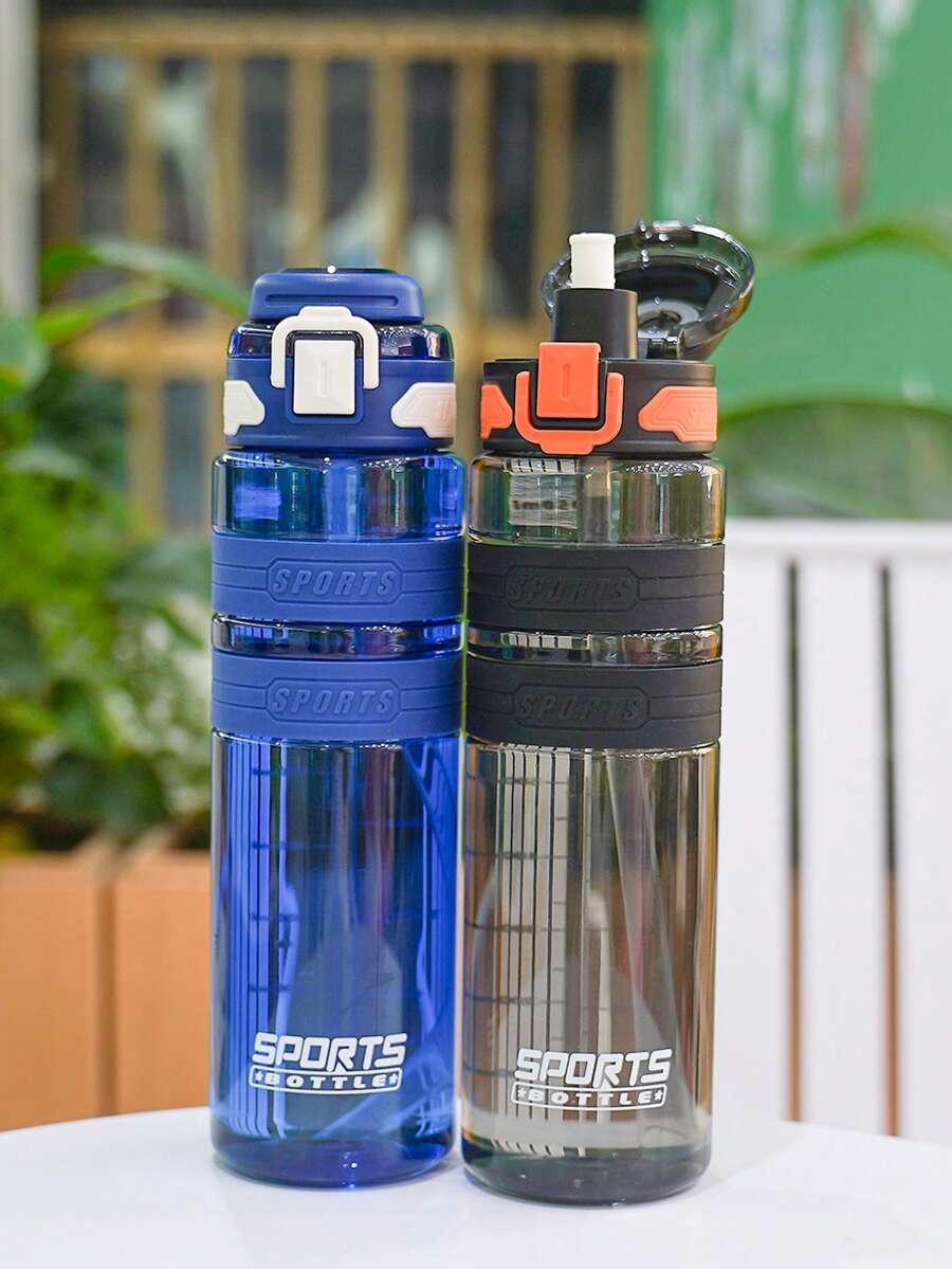 1個約900ml/30OZ戶外騎行塑膠水瓶，易開蓋，附蓋衛生，附攜帶繩方便攜帶，瓶身印有刻度，適用於戶外騎行、野餐、露營、健身運動、辦公室等
