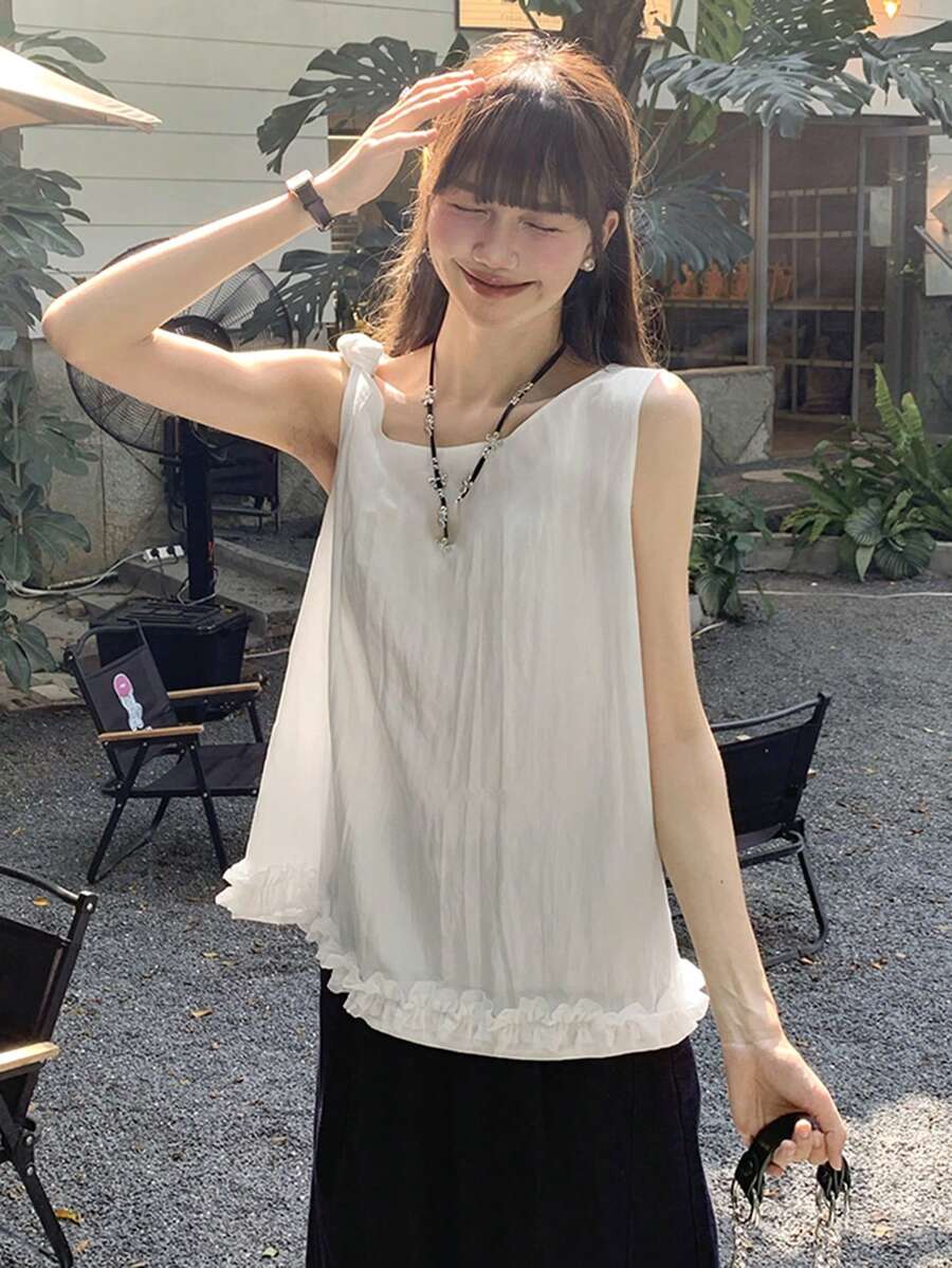 Áo tank top không tay dáng rộng, viền bèo nhún dành cho nữ, hàng mới về. - trắng - Xem 1