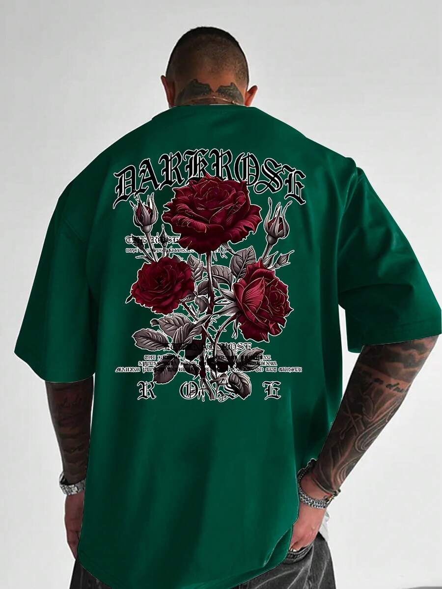 Plus Size Men's Creative "Flower" English Text Graphic Print Casual Commuter Round Neck Short Sleeve T-Shirt, Summer - Dark Green - View 1
