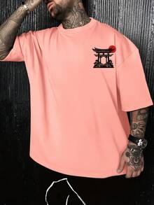 Men's Popular Pink T-Shirt, Loose Fit With Letter Print, Breathable, Casual, Short Sleeves, Full Street Art Style. T-Shirt With Japanese-Style Landscape Graffiti, Unique Aesthetic. - 粉色 - 查看 8