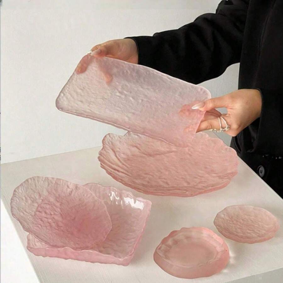 1pc Irregular Glass Glacier Tray, High-End Ice Dew Plate, Exquisite Dessert Fruit Cake Tray For Living Room And Kitchen - Pink - View 1