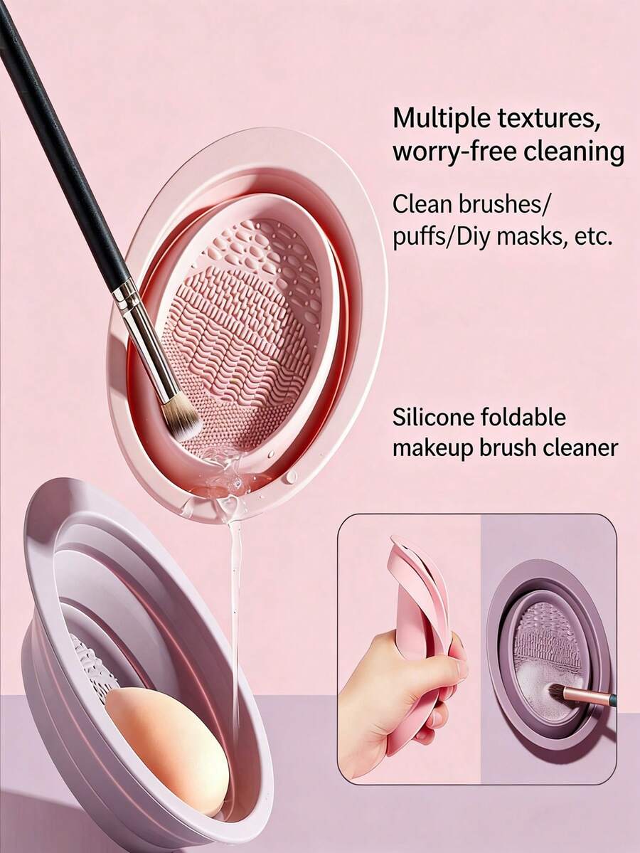 1pc Silicone Brush Cleaning Mat, Multi-Functional Cleaning Tool For Makeup Brushes, Sponges And Makeup Sponge - A-Purple - View 1