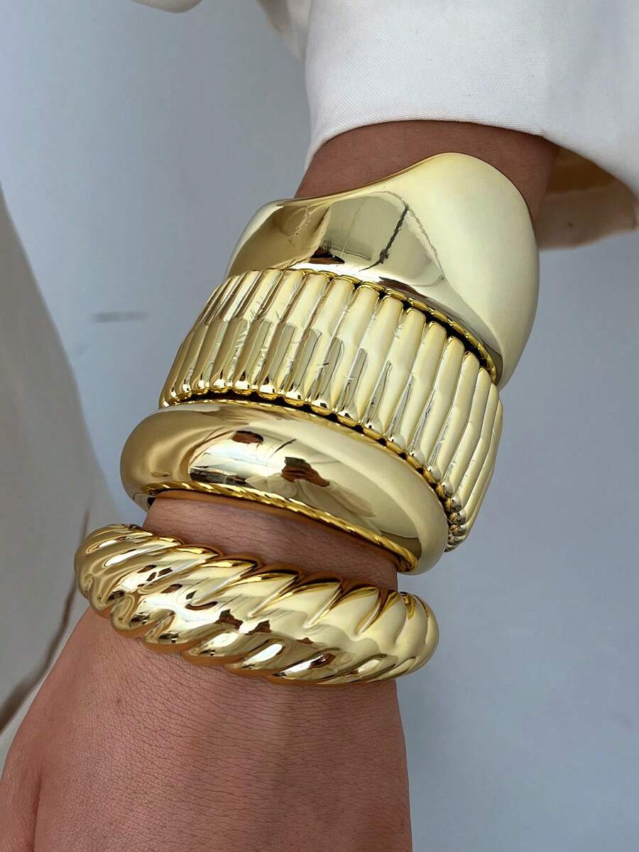 4/1 套装复古简约波浪形亚克力树脂材质手镯，适合女性日常佩戴，可叠戴，是节日送礼的完美之选 - 金色5 - 查看 1