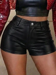 High Waist Coated Casual Sexy Shorts With Oblique Pockets - Black - View 6