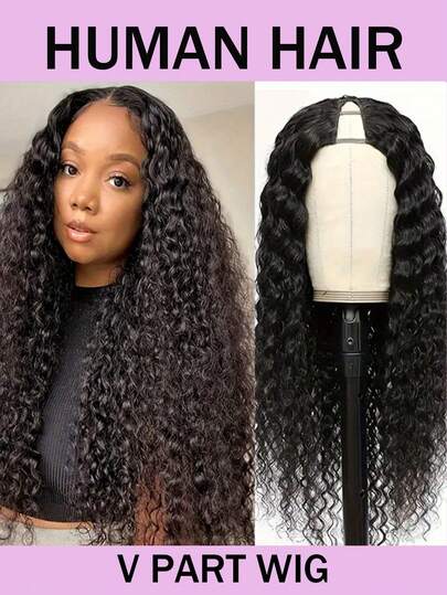 V Part Wig Human Hair Deep Wave Upgrade Glueless U Part Human Hair Wig 180% Density No Leave Out No Sew In Full Machine Made V Part Wig For Women Beginner Friendly Natural Black