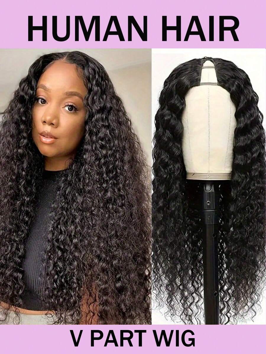V Part Wig Human Hair Deep Wave Upgrade Glueless U Part Human Hair Wig 180% Density No Leave Out No Sew In Full Machine Made V Part Wig For Women Beginner Friendly Natural Black - Natural Black - View 1