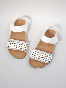 Girls' White Woven & Rhinestone Embellished Sandals, Open Toe Cork Footbed Summer Shoes For Kids - White - View 7