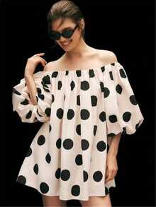 Women's Off-Shoulder Casual Petal Sleeve Loose Mini Dress, Beach Sundress - Black and White - View 1