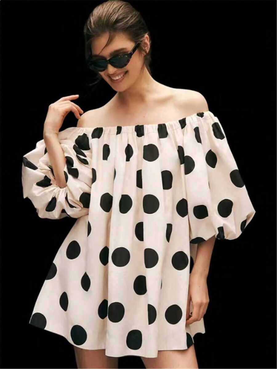 Women's Off-Shoulder Casual Petal Sleeve Loose Mini Dress, Beach Sundress - Black and White - View 1