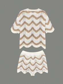 Women's Spring European And American Fashion Hollow Crochet Knit Short Sleeve Top And Casual Shorts Two Pieces Set Vacation - Nhiều màu 4 - Xem 7