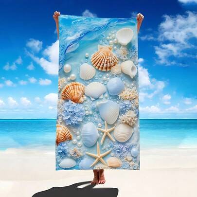 1pc Seashell & Pearl Beach Towel, Super Absorbent Oversized Beach Blanket, Suitable For Travel, Swimming Pool, Diving, Surfing, Yoga, Camping, Available In Multiple Sizes, Beach Accessories
