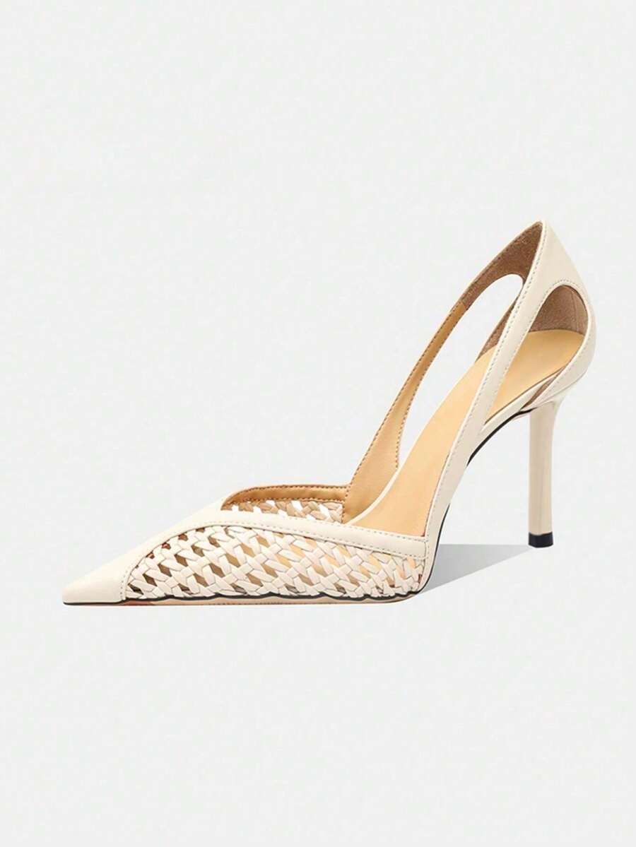 Sexy Rhinestone Fishnet Black Mesh High Heels, Unique Design, Pointed Toe, Suitable For Evening Gowns,Wedding Outfits - Beige - View 1
