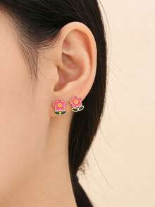 1对时尚学生卡通花朵耳钉，可爱甜美百搭，适合女性日常、休闲、度假佩戴 - 花朵 - 查看 2