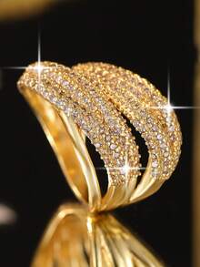 1枚奢华多层线条扭纹戒指，镶嵌立方氧化锆，独特设计，不规则造型，适合婚礼、订婚、周年纪念、宴会等场合，亦可作为情人节礼物。 - 金黃色 - 查看 9