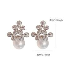 一对小众高端铜镀锆石三朵花珍珠耳环，浪漫氛围女士耳环 - 時尚耳環 - 查看 6