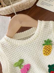 Baby Summer Soft Fruit Embroidery Set, Ivory Waffle Texture Cherry / Pineapple / Strawberry / Lemon Embroidery Sleeveless Top + Matching Shorts 2pcs Set - Apricot - View 4