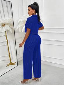 AIJ Amarilo Women's Summer Casual Striped Shirt And Pants 2 Pieces Set, Random Floral Pattern - Royal Blue - View 2