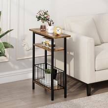 Narrow Side Table With Charging Station, Side End Table Couch, 3-Tier Small End Tables Small Spaces, 25.2 Tall Slim Nightstand Bedside Table Living Room, Bedroom, Greige - Rustic Brown - View 6