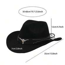 男女通用牛仔帽，宽檐时尚牛头皮带设计西部牛仔帽，适合日常和派对穿着 - 彩色 - 查看 9